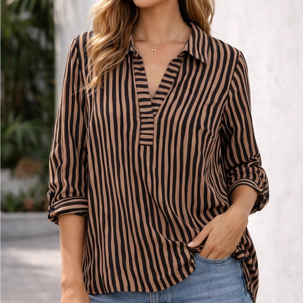 Nordstrom Foxcroft Black and Tan Striped Sophia Popover Blouse Workwear Academia